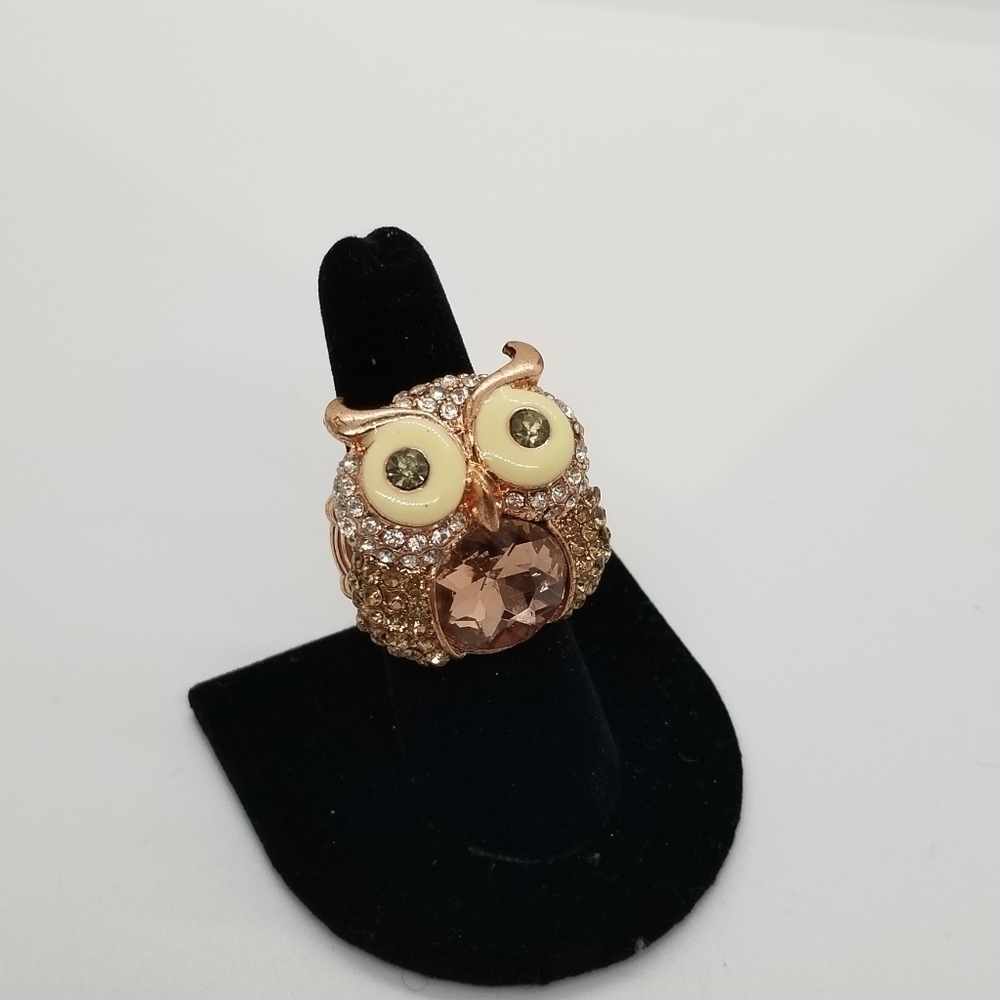 rhinestone owl stretch ring copper colored